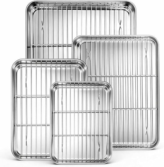 Homikit Baking Sheet with Wire Rack Set (4 Pans + 4 Racks), 16/12/10/9 Inch | Stainless Steel Sheet Pans with Cooling Racks for Oven, Heavy Duty Metal Cookie Bacon Baking Trays Non Toxic, Dishwasher Safe