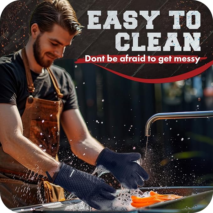 KITCHEN PERFECTION S Silicone Smoker Oven Gloves -Extreme Heat Resistant BBQ Gloves -Handle Hot Food Right on Your Grill Fryer Pit|Waterproof Oven Mitts |Superior Value Set+3 Bonuses