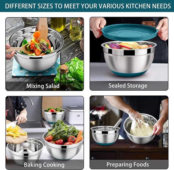 LIANYU Metal Nesting Mixing Bowls Set of 6, Size 7, 3.5, 2.5, 2, 1.5, 1QT | Large Stainless Steel Bowls for Cooking, Baking, Food Storage, Non-slip Bottom & Airtight Lids, Dark Blue