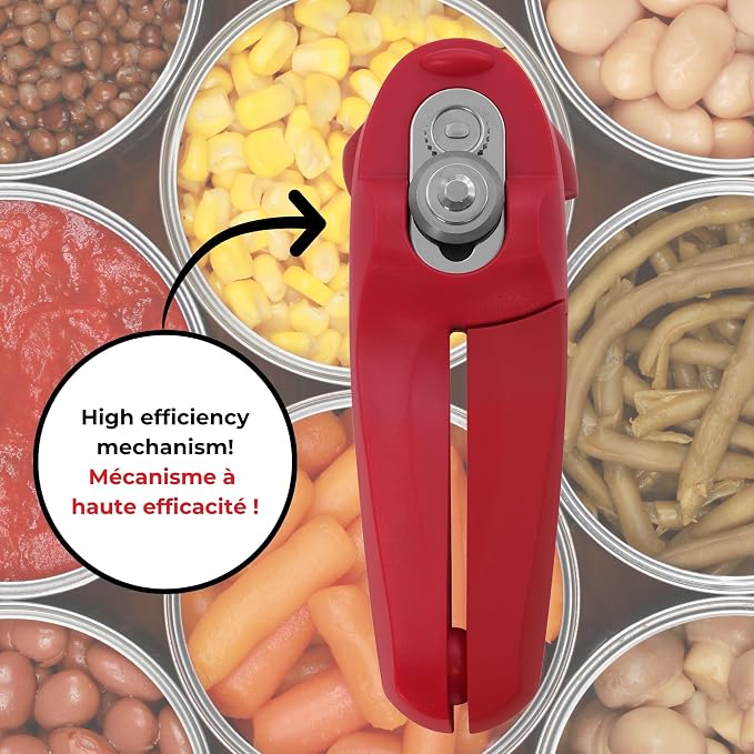 Starfrit MightiCan Can Opener, Safe Smooth-Cut Design, Holds Lid and Leaves No Sharp Edges, Comfort Grip Handle, Heavy-Duty Non-Slip Knob, 3-Year Warranty, Red