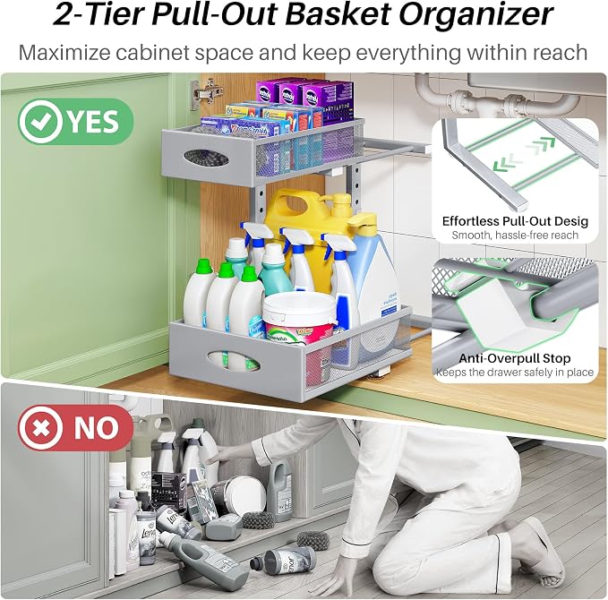 Under Sink Organizer, 1-Pack Pull Out Cabinet Organizer 2 Tier Metal Slide Out Storage Shelf Rack, L-Shaped Adjustable Height,Mesh Sliding Drawer for Kitchen, Bathroom, Laundry, Pantry, Grey, XL