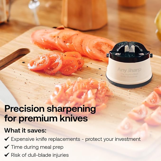 AnySharp – Pro – Hands Free Knife Sharpener - Easy to Use Sharpening Tool with PowerGrip Suction Base and 20-Degree Pre-Set Angle - for All Knives: Chef's, Serrated, and Hardened Steel - Cream
