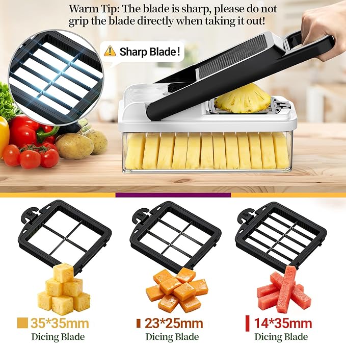 StoreHappily 12-in-1 Vegetable Chopper, 10 Blades Veggie Chopper with Container and Lid, Dicer, Slicer, Multifunctional Kitchen Gadgets, Vegetable Cutter with Handle, Onion Cutter(Black/White)