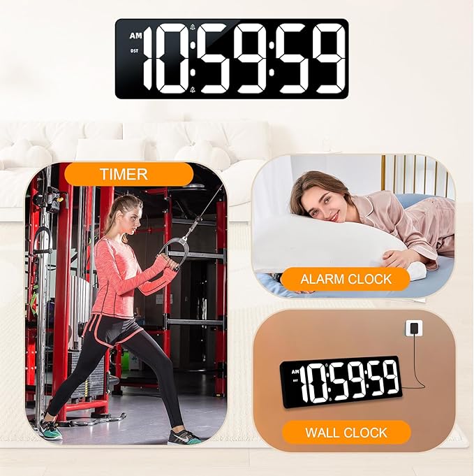 TXL 17.2" Large Digital Timer Clock, Countdown Timer for Classroom Home Gym Kitchen Office, LED Wall Clock with Remote Control, 4 Dimmable Brightness, 12/24H, Auto DST(White)