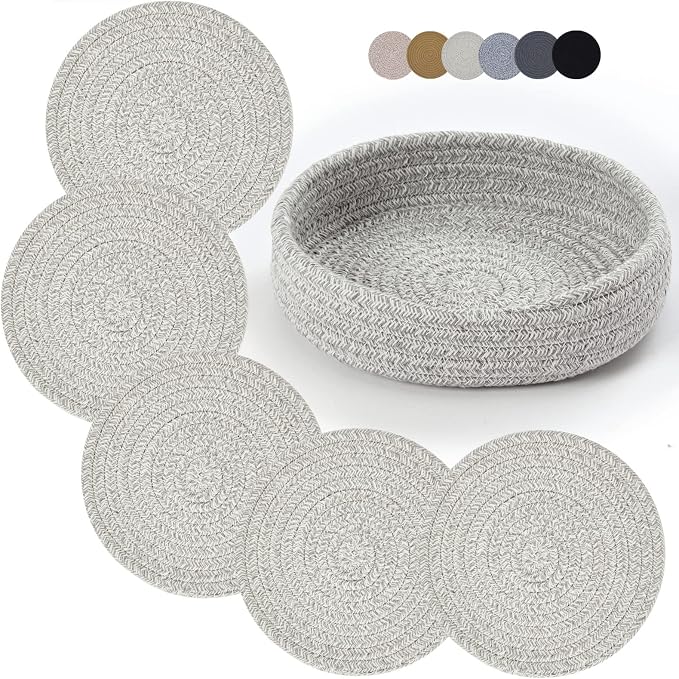 Coga Trivets for Hot Dishes, 5 Pack 7 Inch Cotton Hot Pads for Kitchen with Storage Basket, Round Pot Holders for Kitchen, Heat Resistant Mats for Countertop, Pots and Pans, Farmhouse Decor, Grey