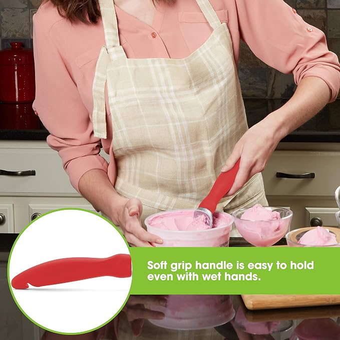 Spring Chef Red Heavy Duty Ice Cream Scoop - Stainless Steel Ice Cream Scooper with Non-Slip Handle - Premium Metal Kitchen Tool for Gelato, Sorbet, Melon - Dishwasher Safe Icecream Spoon
