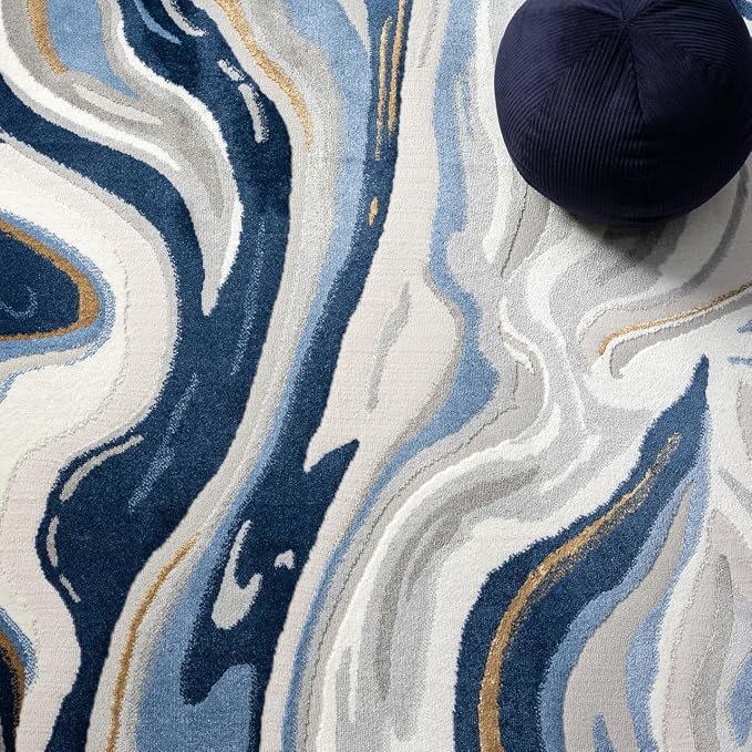 Abani Regal Collection Area Rug - Blue/Grey Abstract Wavy Design - 5' x 8' - Washable- Durable for Kids and Pets - Medium Pile - Soft Feel - for Living Room, Bedroom & Office