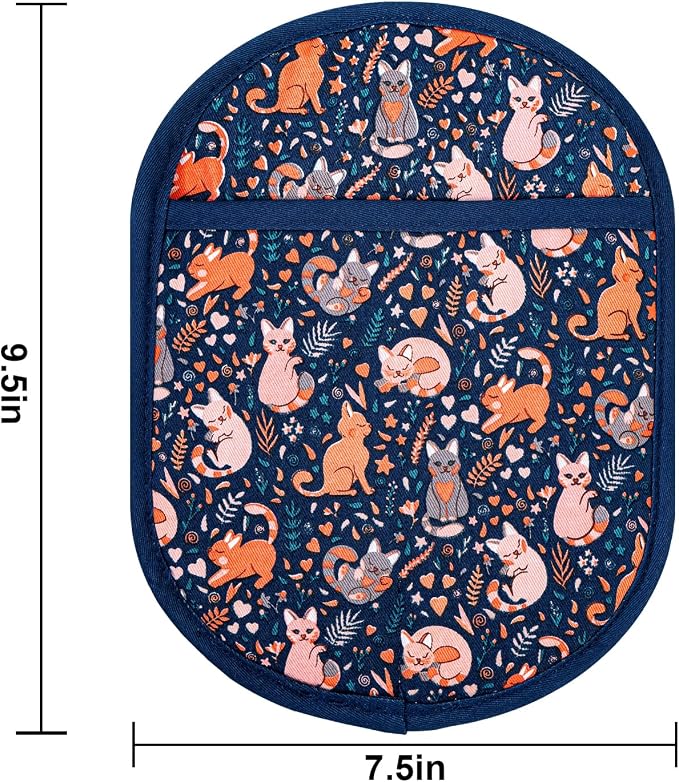 Pot Holders Set of 2 with Transparent Clear Silicone Shell and Nice Cat Flower Cotton Lining, Heat Resistant to 500 F Kitchen Oven Gloves Pot Holder for Cooking (Navy, Cat, Potholders)
