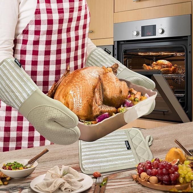 Alselo Silicone Oven Mitts Heat Resistant 932℉ with Waterproof & Non-Slip Kitchen Mittens, Set of 2 Extra Long Oven Gloves with Soft Cotton Terry Lining for Baking Cooking Barbecue (Khaki, 2)