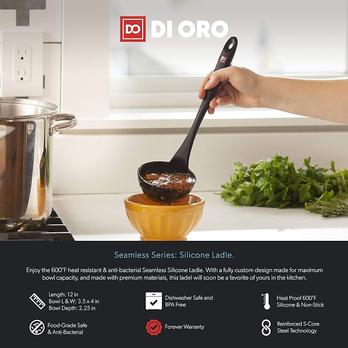 DI ORO 3-Piece Seamless Silicone Spoon and Ladle Bundle - 600°F Heat-Resistant Serving and Rubber Cooking Spoon and Ladle - Dishwasher Safe with a Heavy-Duty Stainless-Steel Core (Black)