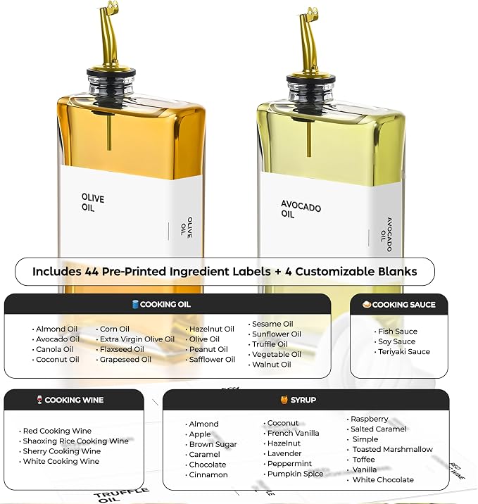 Glass Oil Dispenser for Kitchen, Olive Oil Dispenser Bottle, Set of 2, Gold