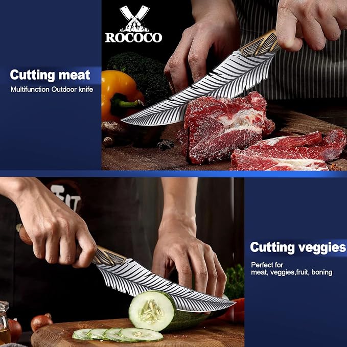 ROCOCO Feather Viking Boning Knife Japanese Forged in Fire Fancy Handmade Butcher Cleaver with Sheath Kitchen Outdoor Camping BBQ Collection Birthday Father Mother Christmas Day Gift 5.9"
