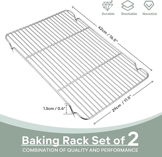 Herogo Cooling Rack Set of 2, Stainless Steel Large Baking Oven Rack, 16.5" x 11.5" Fit Half Sheet Pan, for Cooling Grilling Roasting Bacon Cake Cookies, Rust Resistance