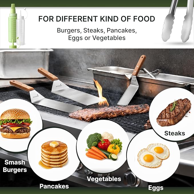 Metal Spatula Set - Griddle Accessories kit - Grill Flat Spatula Pancake Flipper Hamburger Turner - Metal Utensil Great for BBQ Grill Flat Top - Cast Iron Griddle Accessories - Commercial Grade