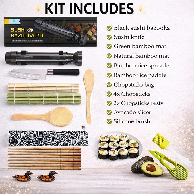 FUNGYAND Sushi Making Kit, All-in-One Bazooka Roller Set with Bamboo Mats, Avocado Slicer, Paddle, Knife, Chopstick & Holders, Cotton Bag - DIY Maki Roller Machine