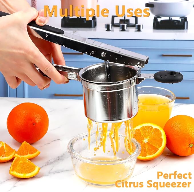 KAYCROWN Potato Ricer With 4 Discs, Heavy Duty Stainless Steel Potato Masher and Ricer for Mashed Potatoes Tool, Spaetzle Maker Lemon Squeezer