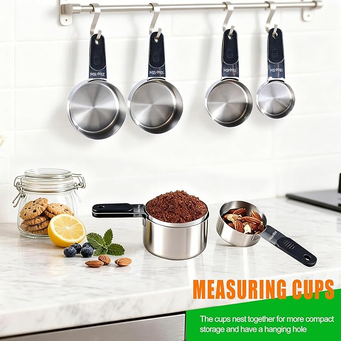 Magnetic Handles 7 Piece Stainless Steel Measuring Cups, Black, Kitchen Gadgets for Measure Liquid and Dry Ingredients, Cooking & Baking