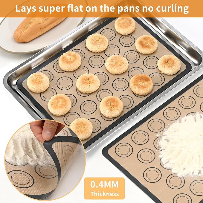 Luckyiren Macaron Silicone Baking Mats, 2 Pack Half Sheet Set, Gray/Beige | Two 16.54 x 11.62 in macaron silicone baking mats feature circles for evenly sized macarons; nonstick half sheet liners.