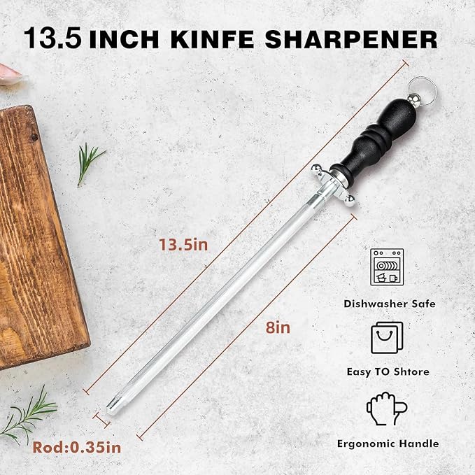 Knife Sharpener Rod, Kitchen Knives Sharpener Carbon Steel Professional Knife Sharpening Steel, Honing Rod with Hanging Holes (13 inches)
