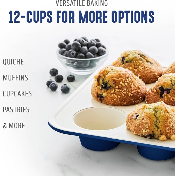 GreenLife 12 Cup Ceramic Nonstick Muffin Pan, Navy | 11.4" x 1.9" x 15.9", PFAS-Free Nonstick, Cupcake Tin, Easy Release, Even Heating, Wipe Clean, Heavy Duty, Warp Resistant