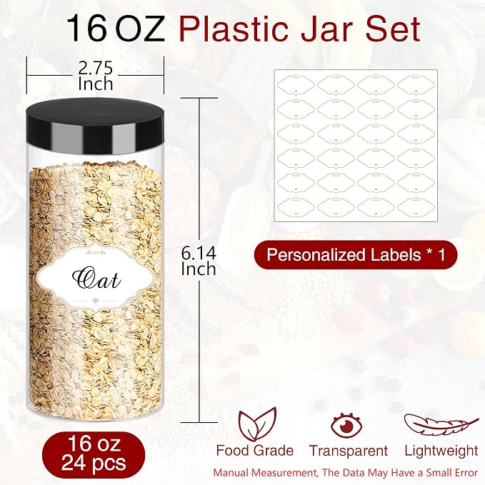 PeacePeo 16 OZ Plastic Jars with Lids, 24 Pack Clear Storage Containers | Large Capacity Clear Storage Jars, Straight Cylinders, Refillable, Airtight and Wide-Mouth for Household Storage