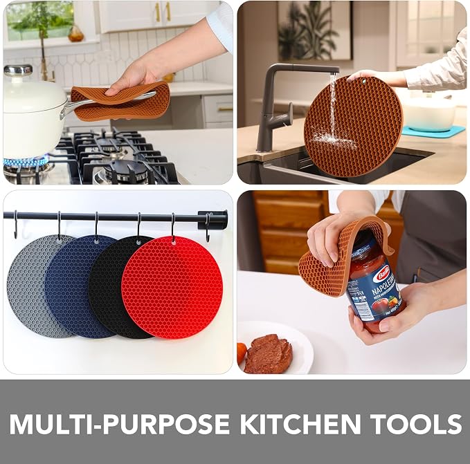 4 Pack Silicone Trivet for Hot Dishes | Heat Resistant Silicone Pot Holders for Kitchen Countertops, Hot Dishes, Jar Opener, Spoon Holder, Easy to Wash, Brown