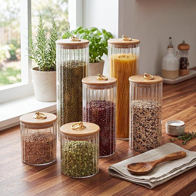 SiliFine 6 Set Glass Pantry Storage Jar with Acacia Airtight Lid 3 Size Glass Storage Container Jar for Pasta Spaghetti Cereal Coffee Bean Flour Sugar Rice, 17oz, 35oz, 53oz (Bamboo Lid with Ring)