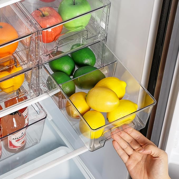 Vtopmart 10 Pack Stackable Clear Drawer with Dividers | Clear Drawer Organizers with Removable Dividers for Flexible storage. Stackable, Non-slip, for Fridge, Under Sink & Bthroom