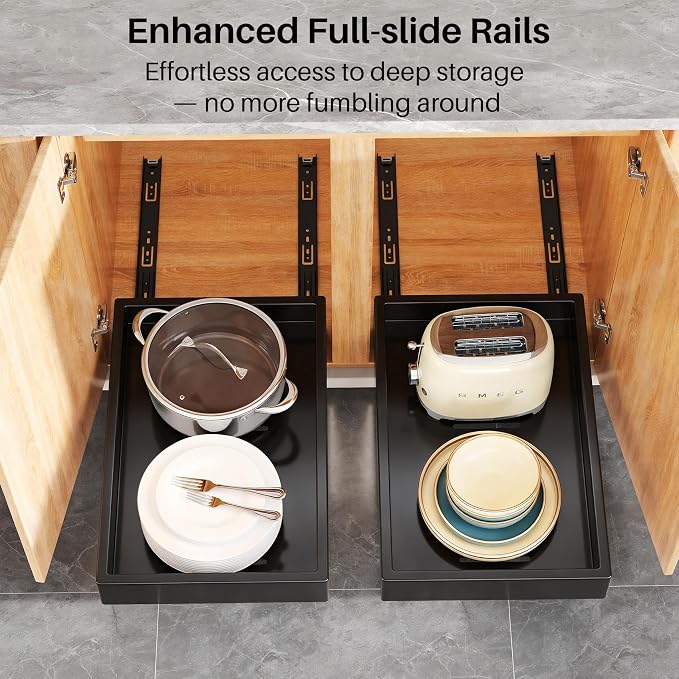 Pull out Cabinet Organizer, 21"Deep, 16.9"Wide Heavy Duty Full-Extension Slide out Drawers with Nano Adhesive, Roll Out Shelves Sliding Cabinet for Kitchen, Bathroom, Pantry,under sink Storage(Black)
