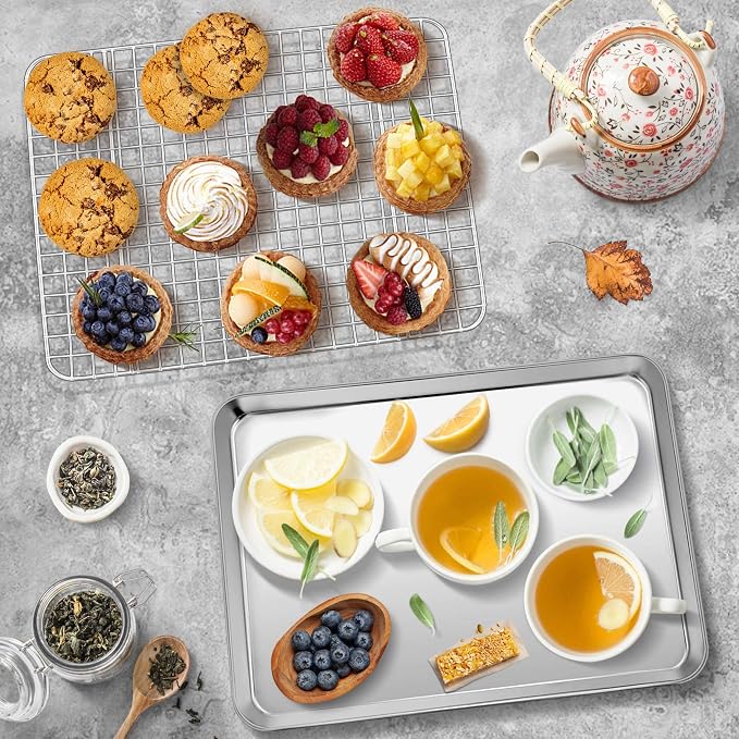 P&P CHEF 12.5 Inch Toaster Oven Pan Tray with Wire Rack, 2 PCS | Baking Sheet Pan + Cooling Rack for Cooking/Roasting, Dishwasher Safe & Rust Free, Non-toxic & Sturdy