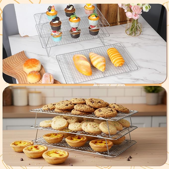 Stainless Steel Stackable Cooling Rack for Baking, 3-Tier Cooling Rack Set, Stackable Heavy Duty Stainless Steel Wire Racks, for Baking Cooking Grilling, Oven & Dishwasher Safe, 10”x 16”, Silver