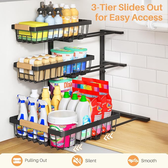 PXRACK Under Sink Organizer, 1-Pack 3-Tier Height Adjustable Thickened Metal Pull out Cabinet Organizer Shelf, Slide out Storage Drawer Rack for Bathroom Kitchen Pantry Home Organization, Black