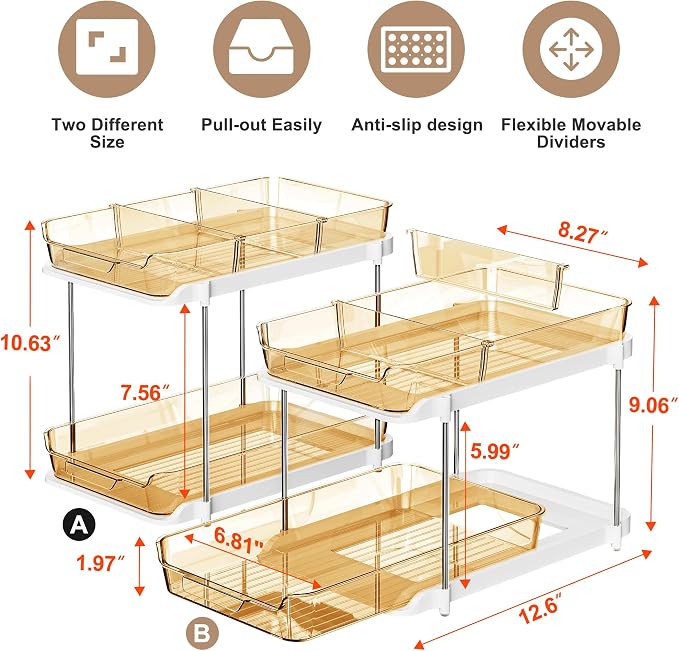 Delamu 2-Tier Multi-Purpose Bathroom Under Sink Organizers and Storage, Stackable Kitchen Pantry Organization, Pull Out Medicine Cabinet Organizer with Movable Dividers, Golden, 2 Pack