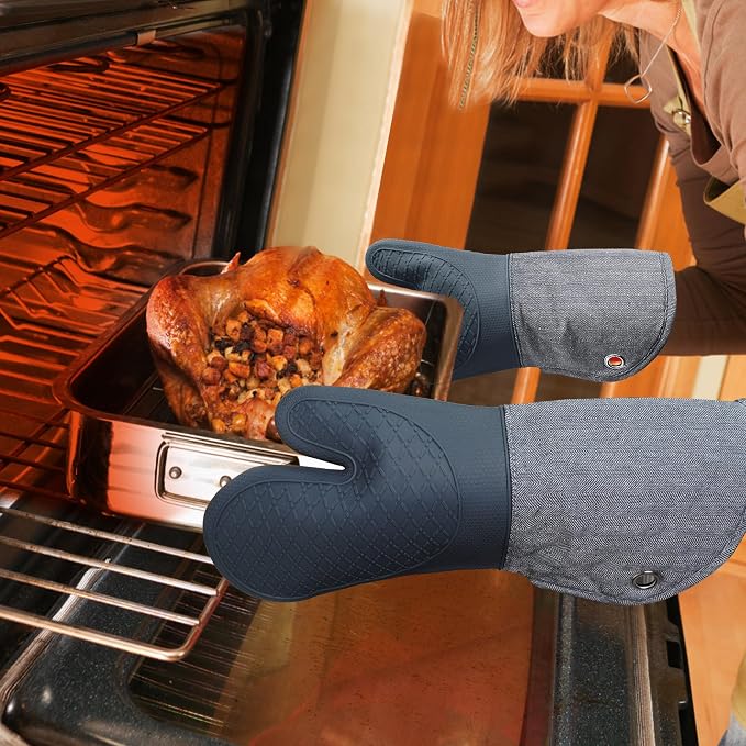 Professional Microwave Silicone Oven Mitts one Pair, Kitchen Mitten Set for Heat Resistant with 500 Degrees, Kitchen Gloves Pot Holder for BBQ Cooking Baking (Gray)