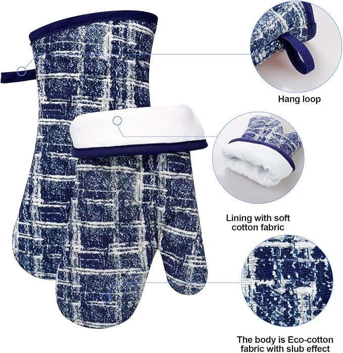 Alselo Oven Mitts and Pot Holders with Cooking Apron,Set of 5 Heat Resistant Kitchen Gloves and Silicone Non-Slip Potholders Adjustable Neck Buckle Chef Apron, Cotton Nice Design for Cooking (Navy)