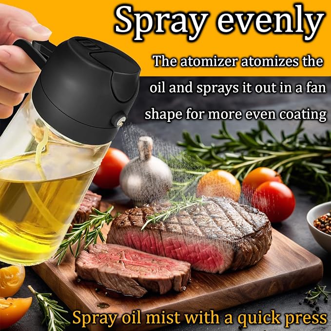 2PCS Oil Sprayer for Cooking, 2 in 1 Oil Dispenser and Oil Sprayer with Fine Mist Nozzle, Olive Oil Dispenser Bottle Spray and Pour,Oil Dispenser for Kitchen(Black and White,16 oz / 470 ml)
