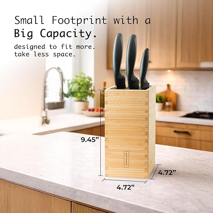 KAIZEN Bamboo Knife Block Without Knives - Perfectly Sized Universal Knife Holder for Knives, Scissors - Unique Knife Storage for Counter Top with Anti-Slip Base (Natural)