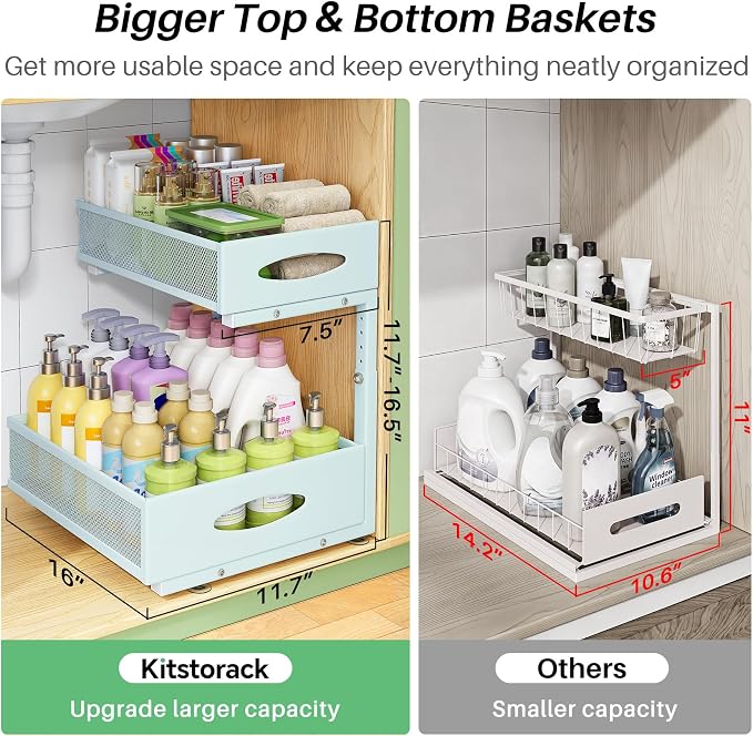 Under Sink Organizer, 2-Pack Pull Out Cabinet Organizer 2 Tier Metal Slide Out Storage Shelf Rack, L-Shaped Adjustable Height,Mesh Sliding Drawer for Kitchen, Bathroom, Laundry, Pantry, Blue, XL