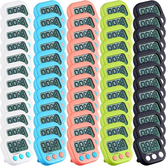 Xuhal 50 Pieces Digital Kitchen Timer Bulk, Small Magnetic Timers for Classroom, Digits Stopwatch Clock Timer for Cooking Baking Sports Games Office, Not Including Battery (Multicolor)