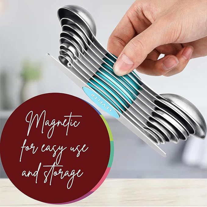 Magnetic Measuring Spoons Set of 9 Stainless Steel Dual-Sided Stackable Measuring Spoon Nesting Teaspoons Measuring Dry and Liquid Ingredients, Fits in Spice Jars Set of 9 (Blue Aqua Sky)
