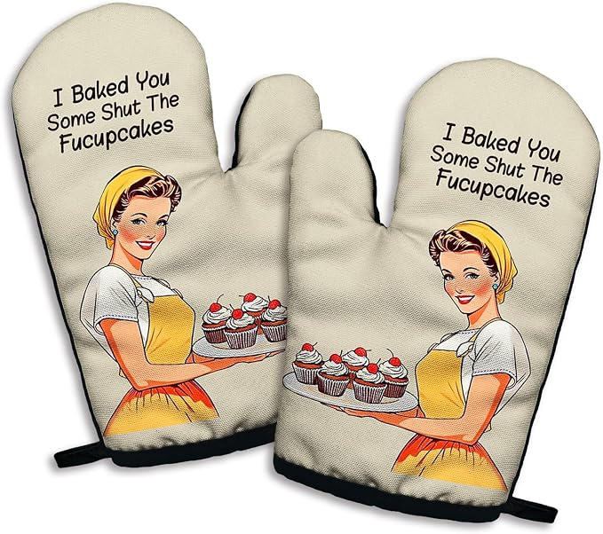 I Baked You Some Shut The Fucupcakes, Funny Silicone Non-Slip Oven Mitts Sets of 2, Retro Baking Mitts, Kitchen Gift for Women, Bake Lover Gift, Housewarming Gifts