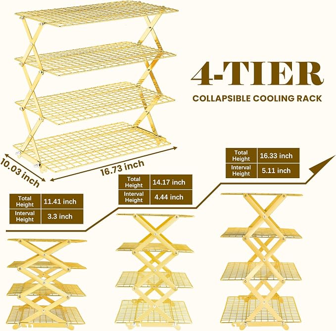 BEWOS 4 Tier Collapsible Cooling Rack - Adjustable Stainless Steel Baking Rack with Mesh Leak Proof，Foldable X-Shaped Structure Cooling Racks for Cooking and Baking, Dishwasher Safe（Gold）