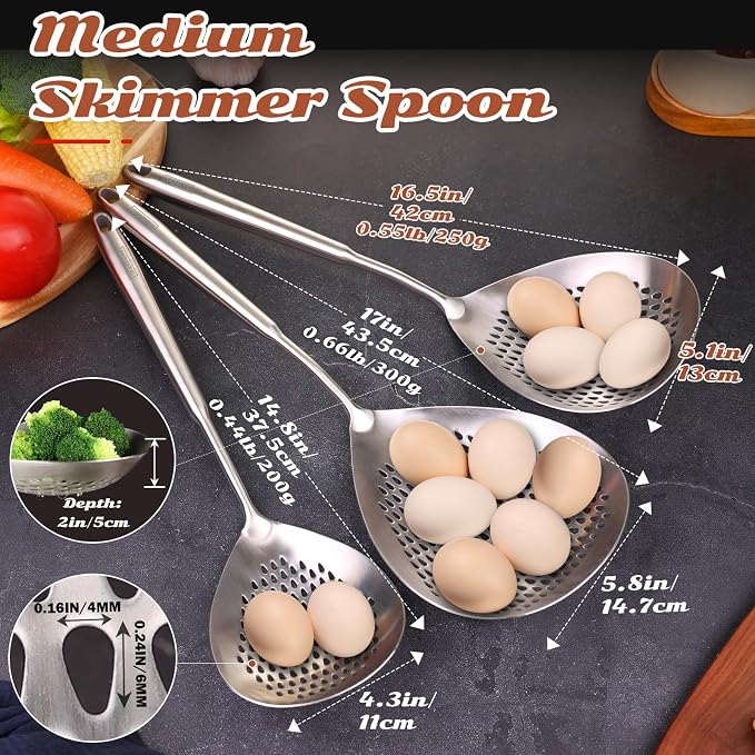 Skimmer Slotted Spoon -16.5" 304 Stainless Steel Pasta Spider Strainer Skimmer Ladle Spoon for Cooking and Frying - Kitchen Metal Scoop Colander Strainer Spoon with Heat Resistant Handle