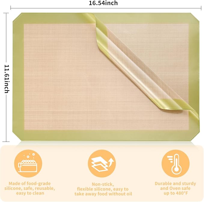 Luckyiren 2 Pack Reusable Silicone Baking Mats, Half Sheet Pan, Green/White | Two 16.54 x 11.62 in reusable silicone baking mats fit half sheet pans; green nonstick oven liners for cookies and pastry.