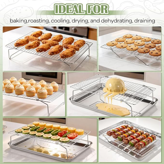 P&P CHEF 3 Tier Stackable Cooling Racks for Cooking and Baking, 15" x 10" | Stainless Steel Stackable Grid Cooling Rack for Cooling Roasting Grilling, Collapsible & Heavy Duty, Oven & Dishwasher Safe