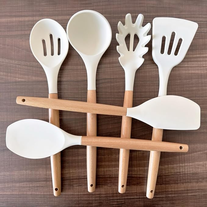 Kitchen Cooking Utensils Set 6Pcs Non-Stick Silicone Kitchen Utensils Spatula Spoon Turner Ladle Pasta Server, Heat Resistant Wooden Handle Silicone Cooking Gadgets Sets for Cookware & Baking