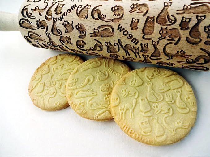 MEOW CATS EMBOSSING ROLLING PIN WOODEN HANDMADE ROLLING PIN with CATS GIFT FOR CAT LOVERS