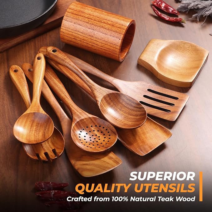 AIUHI Teak Wood Cooking Utensils Set, 9 Pieces Non-Toxic Wooden Spoons, Spatulas, Salad Fork, Strainer Spoon, Spoon Rest, BPA-Free, Safe for Non-Stick Cookware, Durable & Easy to Clean