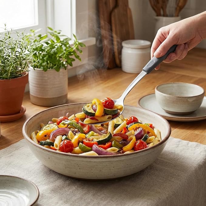 Serving Spoon Set with Silicone Handles,2-Piece spoon | Stainless Steel Serving Spoon, Slotted Spoon & Soup Ladle Set for Buffet and Home Kitchen