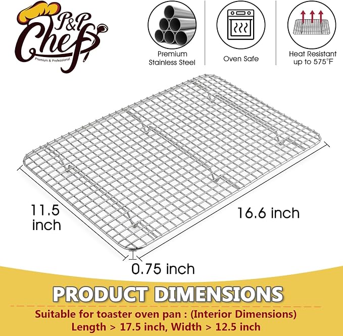 P&P CHEF 16.6 Inch Stainless Steel Cooling Baking Rack Set of 2 | Grid Cooking Racks for Griddle Roasting Grilling Warming, Good for Friends or Family, Oven & Dishwasher Safe, Heavy Duty